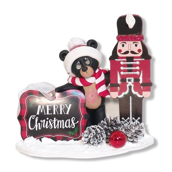 Black Bear with Wooden Soldier Polymer Clay Figurine