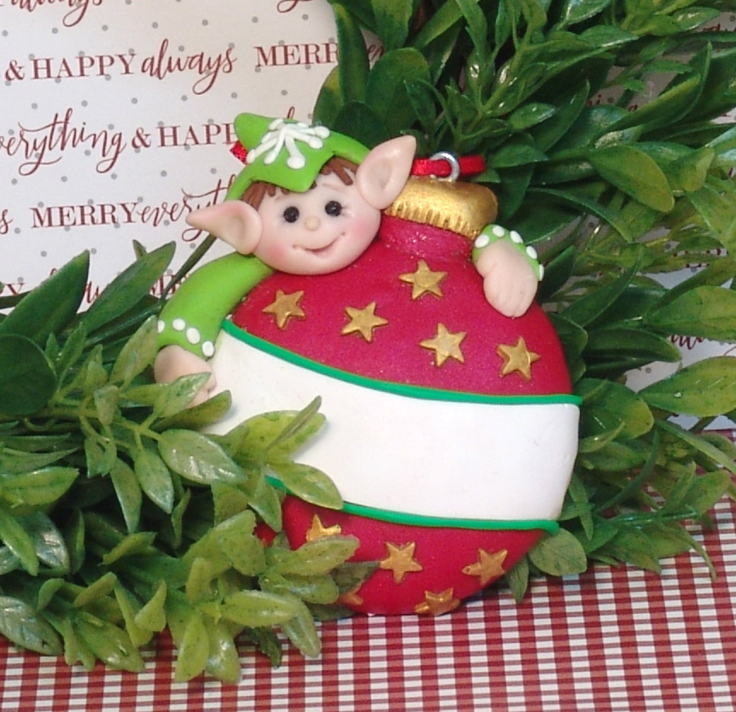 Elf with Ornament - Handmade Polymer Clay Ornament