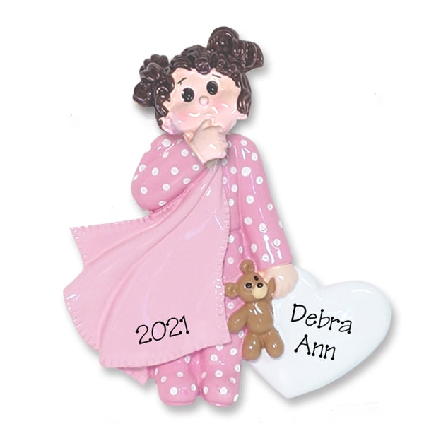 Brunette Little Girl Toddler w/Blanket and Pink Pajamas - Personalized Ornament - RESIN