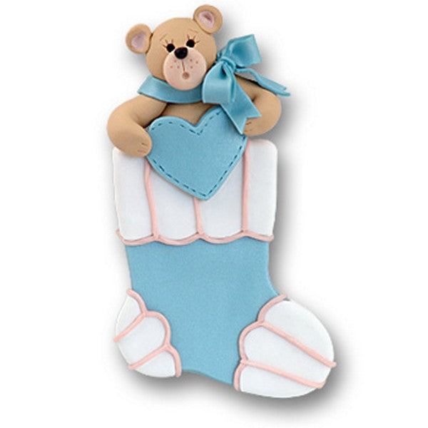 Large Bear in Blue Stocking Personalized Baby Ornament Ornament