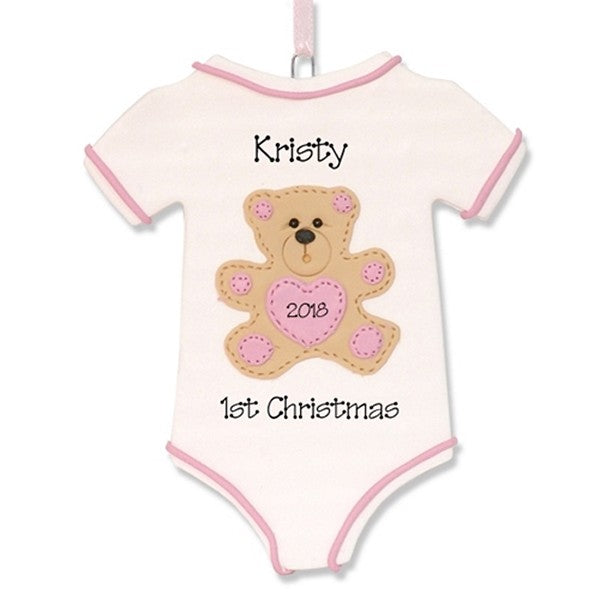 Onesie w/Teddy Bear for Girl Baby's 1st Christmas Ornament - Limited Edition