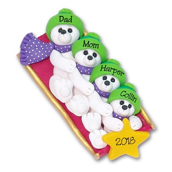 Polar Bear Family of 4 on Sled Personalized Family Ornament 2- Limited Edition