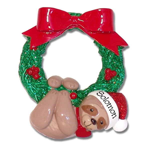Christmas Sloth Hanging from Wreath Personalized Christmas Ornament - RESIN