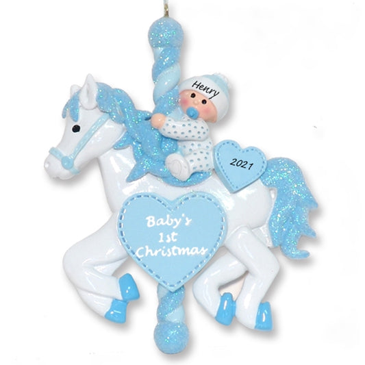 Baby Boy on Carousel Horse Personalized 1st Christmas Ornament - RESIN
