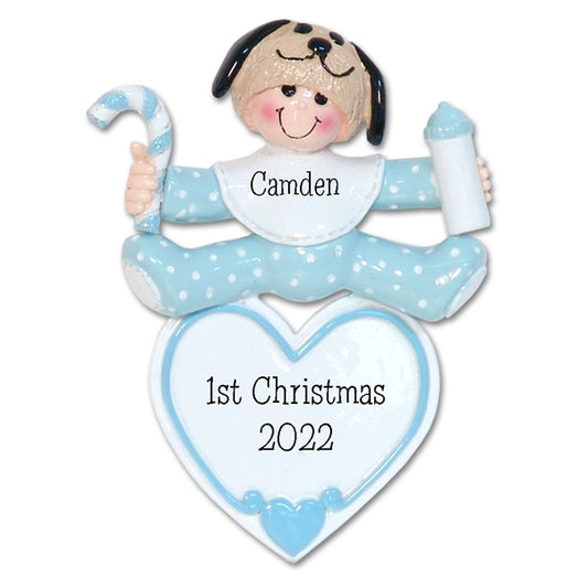 Baby Boy on Heart w/Puppy Dog Hat Personalized 1st Christmas Ornament - RESIN