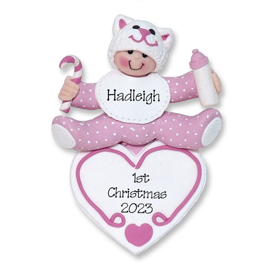 Baby Girl on Heart w/Kitty Hat Personalized 1st Christmas Ornament