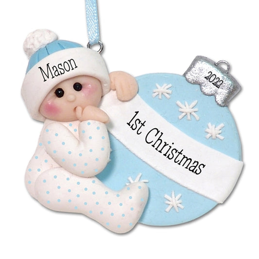 Baby Boy with Ornament Handmade 1st Christmas Ornament  - CLONED