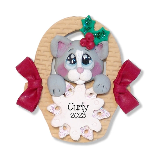 Gray Kitty Cat in Basket Personalized Pet Ornament