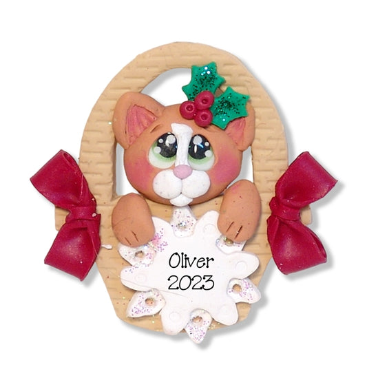 Orange Kitty Cat in Basket Personalized Pet Ornament