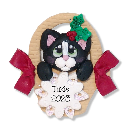 Tuxedo Kitty Cat in Basket Personalized Pet Ornament