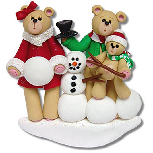 Belly Bear w/Snowman Family of 3 Personalized Family Ornament - Handmade Polymer Clay Prototype