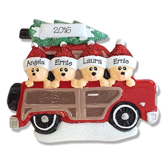 Belly Bear Family of 4 in Woody Wagon Personalized RESIN Ornament
