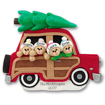 Belly Bear Family of 4 in Woody Wagon POLYMER CLAY Ornament