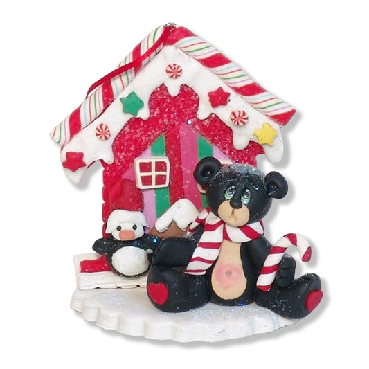 Black Bear and Gingerbread House Figurine