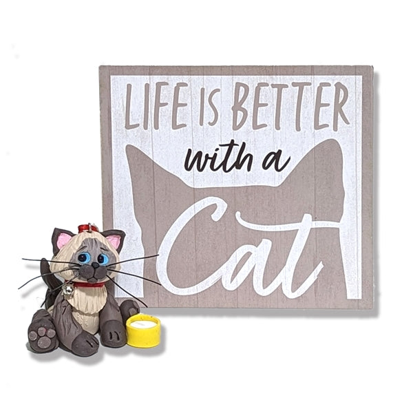 Himalayan / Siamese Cat with Plaque - "Life is Better with a Cat" 2 Piece Set