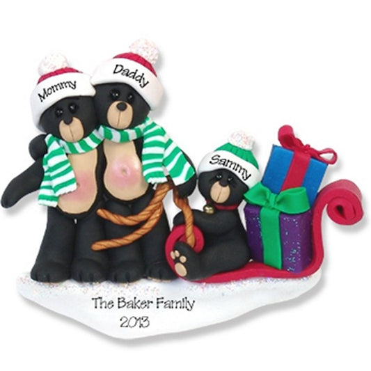Black Bear Family of 3 w/Sled<br>Personalized Ornament POLYMER CLAY