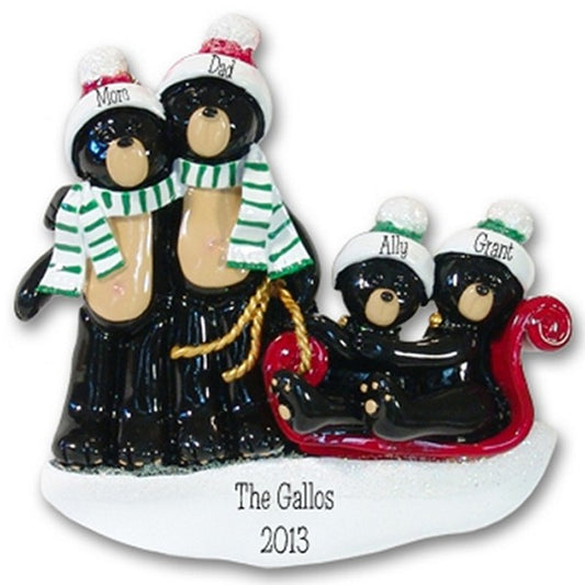 Black Bear Family of 4 on Sled RESIN Family Ornament
