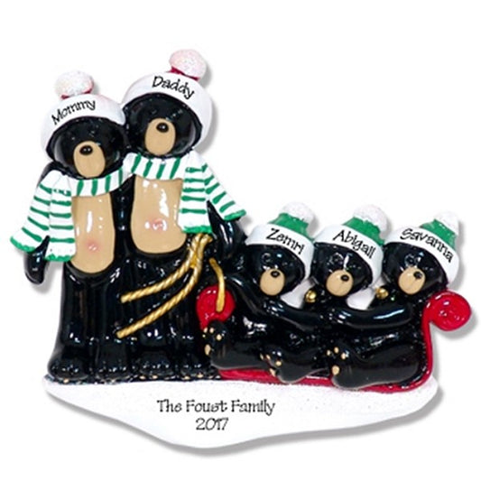 RESIN Black Bear Family of 5 on Sled Personalized Family Ornament