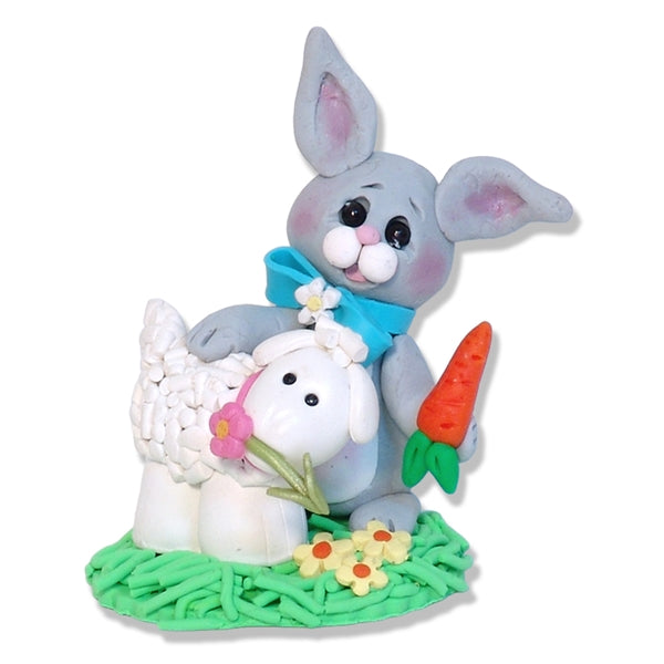 Gray Belly Bunny with Lamb Figurine Handmade Polymer Clay Easter Decor