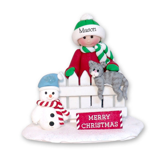 Little kid with Gray Kitty Cat on Fence