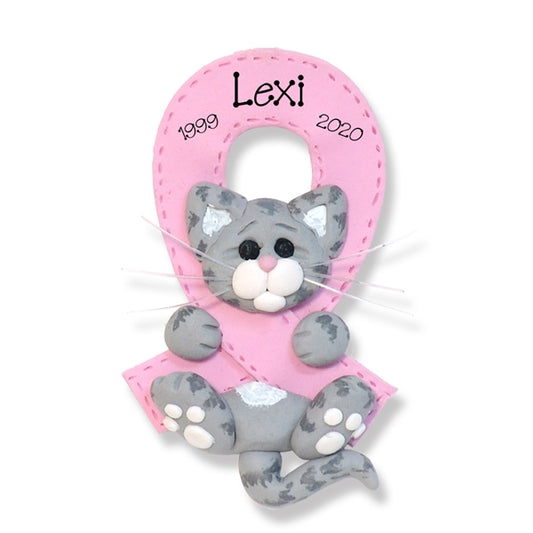 Breast CANCER-PINK RIBBON Survivor / Memorial Gray Tabby Kitty Cat -  Personalized  Ornament