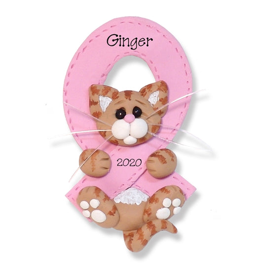 Breast CANCER-PINK RIBBON Survivor / Memorial Orange Tabby Kitty Cat Personalized  Ornament