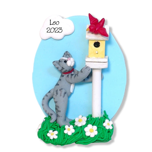Gray Kitty Cat with Bird & Birdhouse Handmade Ornament