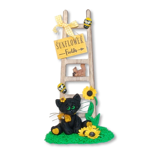 "Spooky's Sunflowers" Handmade Black Cat with Wooden Ladder
