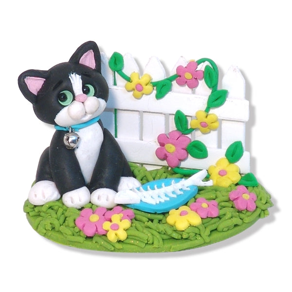 Kitty Cat in Yard with Picket Fence Handmade Figurine