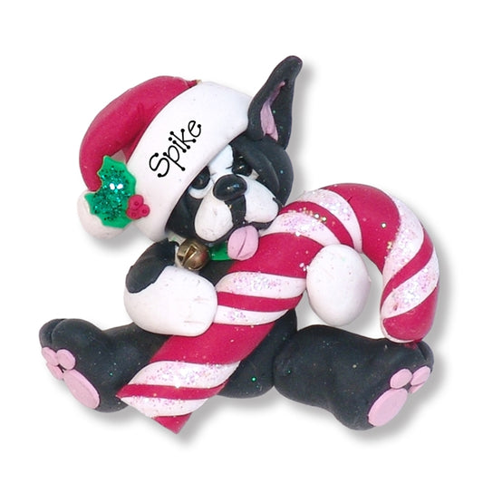 Boston Terrier with Candy Cane Personalized Ornament - CLONED