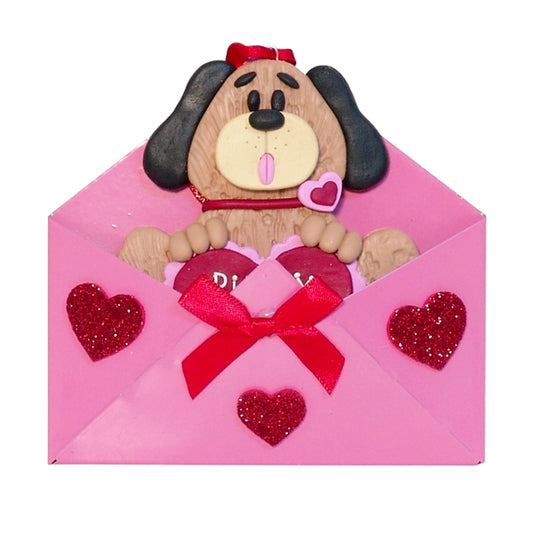 Valentine Dog Handmade Polymer Clay Ornament in Tin Envelope