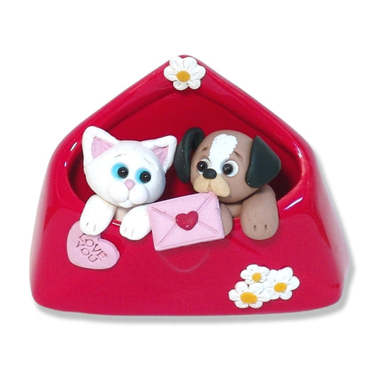 Kitty Cat & Puppy Dog in Ceramic Envelope Valentine Decor