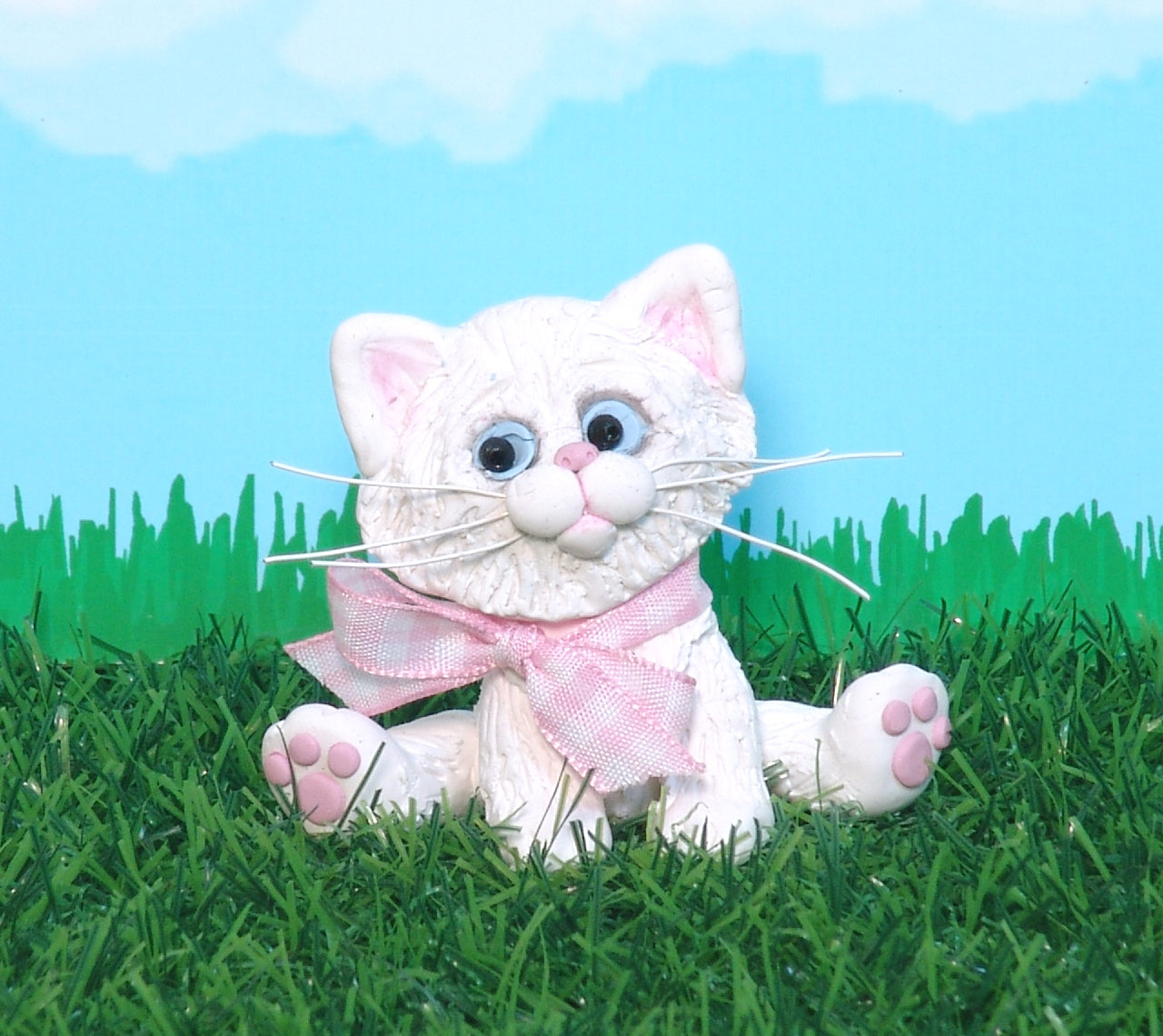 White Kitty Cat with Gingham Bow