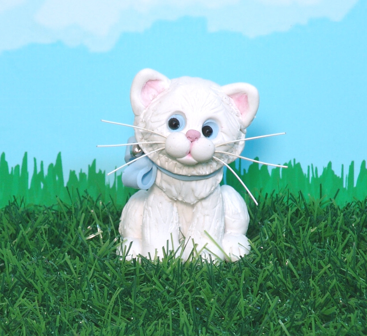 White Kitty Cat with Blue Bow & Silver Bell