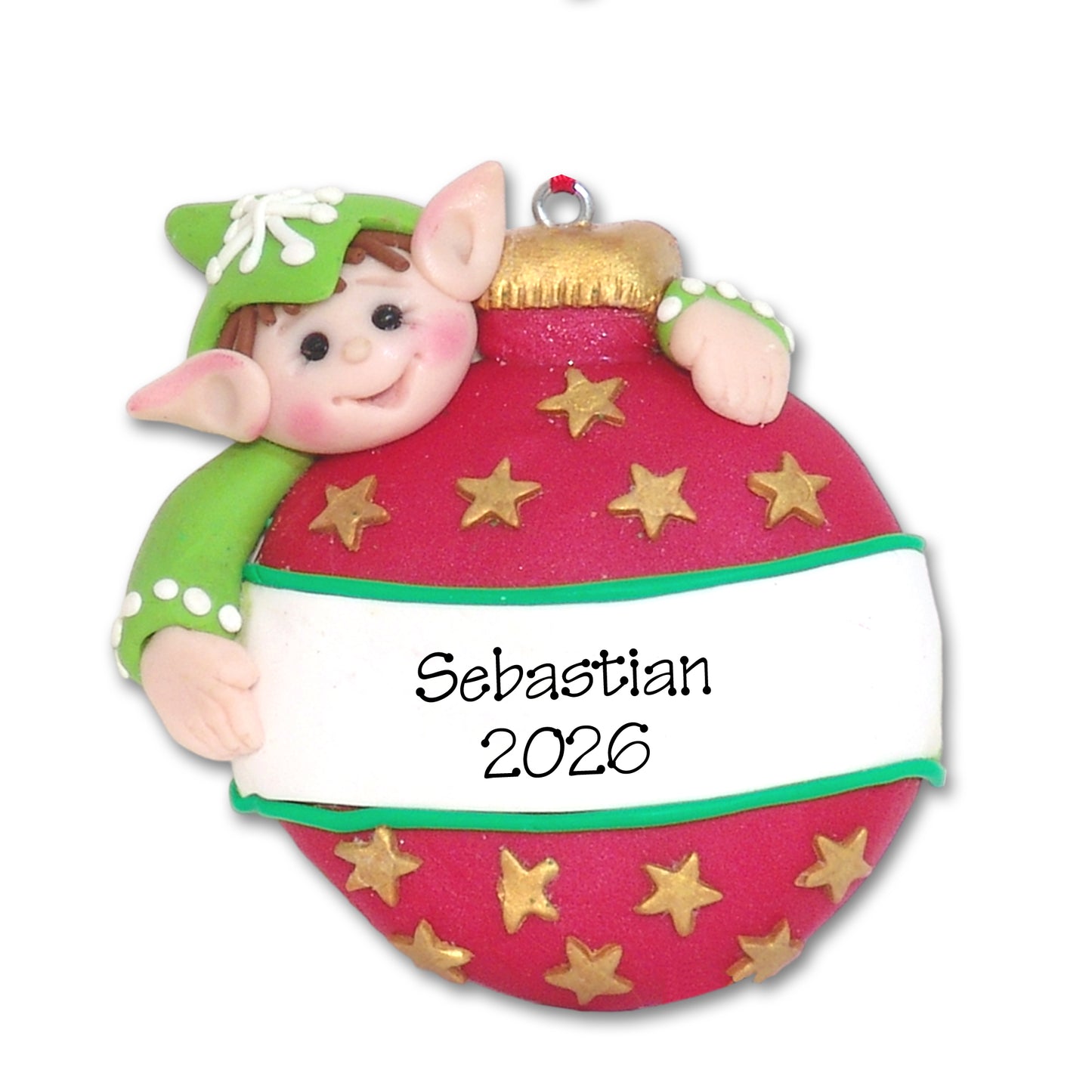 Elf with Ornament - Handmade Polymer Clay Ornament