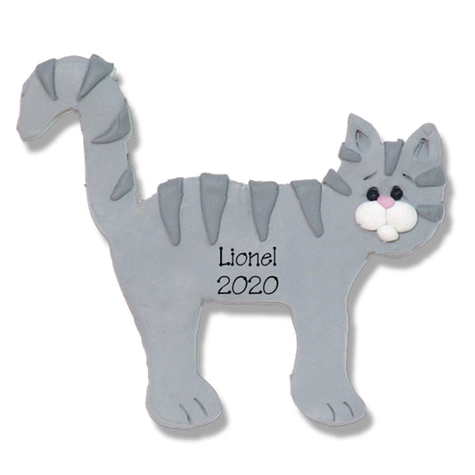 Gray Tabby Flat Cat w/White Muzzle Personalized Cat Ornament - Limited Edition