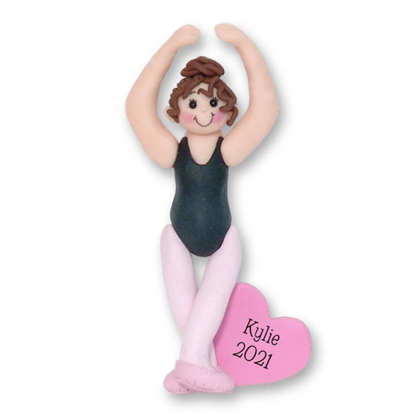 BALLERINA in Black Leotard Ballet Dancer Personalized Dance Ornament in Custom Gift Box - Brunette