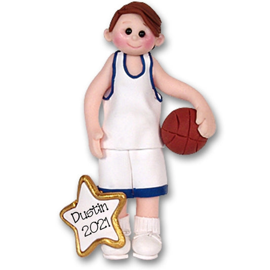 Boy Basketball Player-Male Brunette Handmade Polymer Clay Ornament  in Custom Gift Box