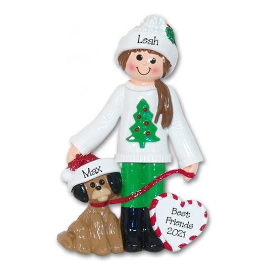 Girl in Christmas Sweater w/Puppy Dog Personalized Christmas Ornament - RESIN