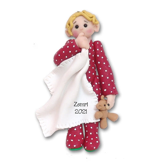 BLONDE  Little Boy Toddler w/Blanket and Red Pajamas - Personalized Ornament  in Custom Gift Box