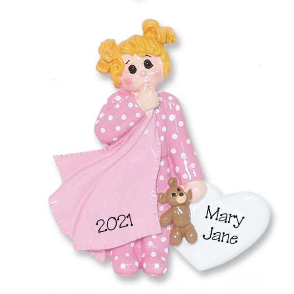 Blonde Little Girl Toddler w/Blanket and Pink Pajamas -  Personalized Ornament  - RESIN