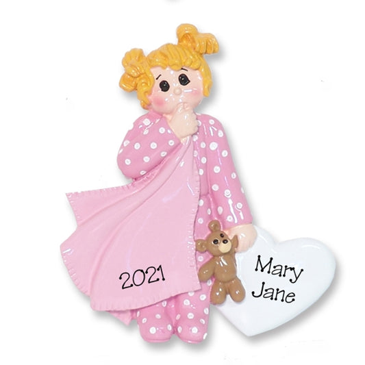 Blonde Little Girl Toddler w/Blanket and Pink Pajamas -  Personalized Ornament  - RESIN