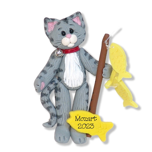 Gray tabby Kitty Cat Fishing Personalized Ornament