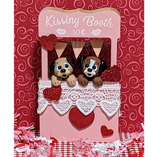 Two Puppies in Kissing Booth / Handmade Polymer Clay Valentine Decor