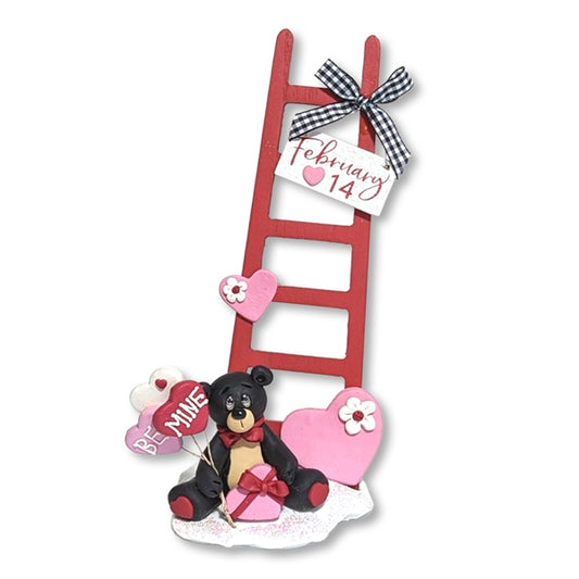Black Bear Boy with Wooden Ladder Handmade Polymer Clay Figurine