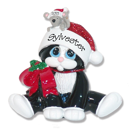 Black & White Tuxedo Kitty Cat with Mouse in Hat Personalized Cat Ornament - RESIN