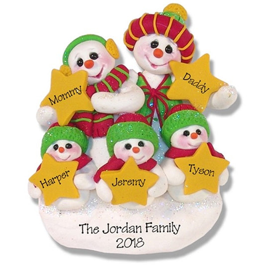 Snowman Family of 5 w/Stars Personalized Family Ornament - Limited Edition