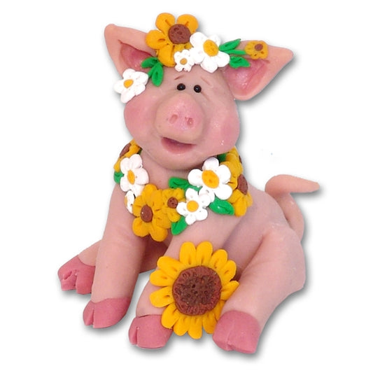 Handmade Polymer Clay Pig with Sunflowers and Daisies Figurine