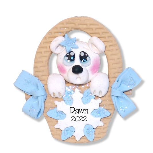 Polar Bear in Basket Handmade Polymer Clay Ornament /. Figurine