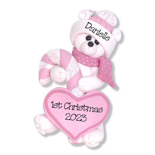 Polar Bear w/Candy Cane & Heart Personalized Baby Ornament